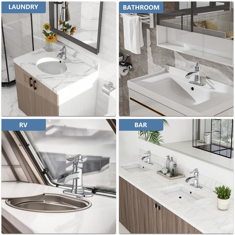 Homevacious Bathroom Faucet Chrome Waterfall Bathroom Sink Faucets with Single Handle Rustic Vanity Farmhouse RV Faucet Suitable for 1 or 3 Holes with Pop-up Drain Deck Plate Hose - Image 3